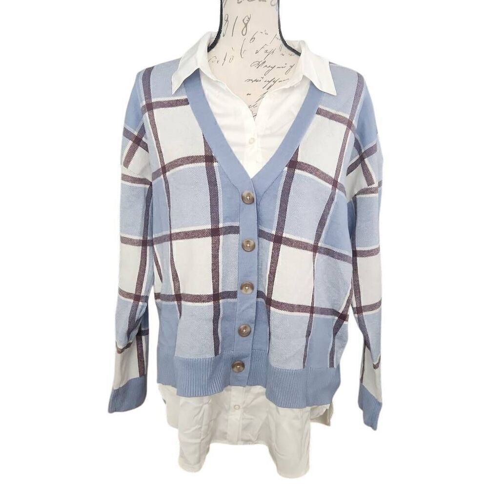 Rachel Zoe Women's Size XL Blue Plaid Button Down Sweater w/ Satin Undershirt